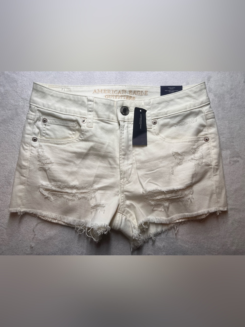 NWT American Eagle Women Stretch White Denim Shorts Hi-Rise Shortie Distressed 4